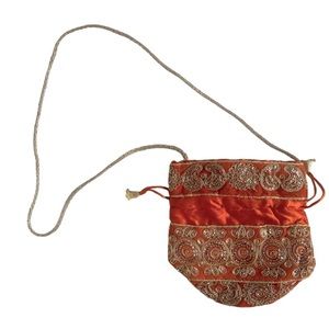 Indian hand made Drawstring Potli Bag with Golden-Embroidery Sequins purse NWT